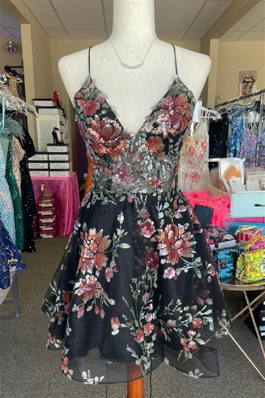 Black Floral Sequined A-line Straps Tulle Homecoming Dress Off-the-shoulder Chic Trendy Black Floral Sequined A-line Straps Tulle Homecoming Dress Off-the-shoulder Chic Trendy