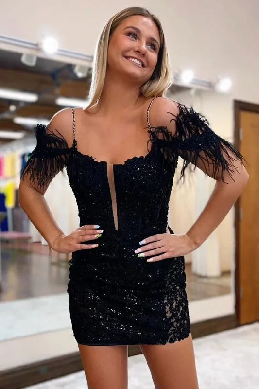 Black Sequins Off-the-Shoulder Feathers Lace-Up Homecoming Dress Tunics Essential wardrobe Black Sequins Off-the-Shoulder Feathers Lace-Up Homecoming Dress Tunics Essential wardrobe