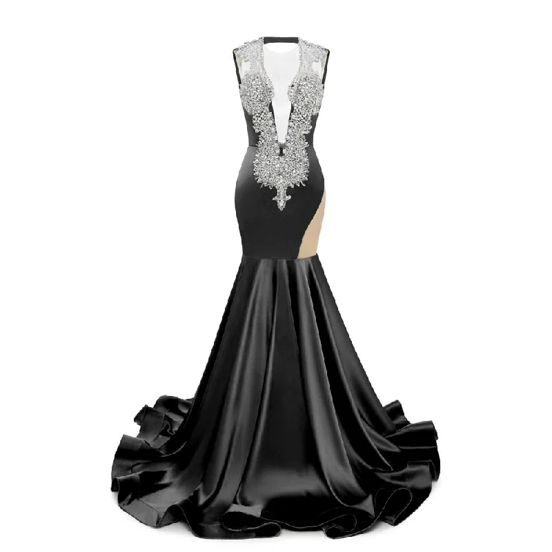 Black Sexy Maxi Fit and Flare Formal Prom Dress with Plunging Neckline and Open Back EN5805 Tunics Chinos classic Black Sexy Maxi Fit and Flare Formal Prom Dress with Plunging Neckline and Open Back EN5805 Tunics Chinos classic