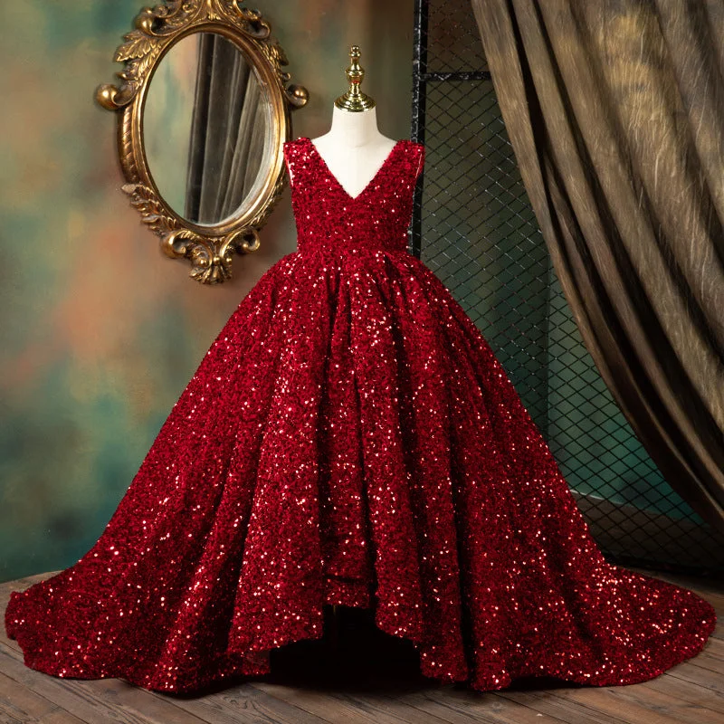 Girl Christmas Dress Luxury Red Sleeveless Trailing Sequins Fluffy Princess Communion Dress Tunics Winter warm Girl Christmas Dress Luxury Red Sleeveless Trailing Sequins Fluffy Princess Communion Dress Tunics Winter warm
