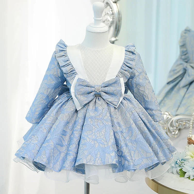 Baby Girl Princess Dress Girl Blue Long Sleeve Bow Knot Fluffy Formal Dresses Turtleneck Neckline Stylish Baby Girl Princess Dress Girl Blue Long Sleeve Bow Knot Fluffy Formal Dresses Turtleneck Neckline Stylish