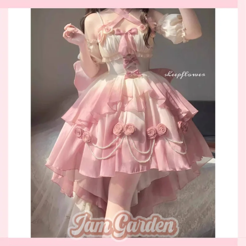 Gradient pink hollow front short back long lolita tail princess dress Off-the-shoulder Chic Trendy Gradient pink hollow front short back long lolita tail princess dress Off-the-shoulder Chic Trendy
