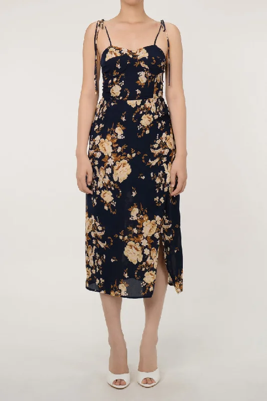 Romantic Floral Print Tie Strap Bustier Smocked Split Chiffon Midi Sundress Tunics Versatile all-occasion Romantic Floral Print Tie Strap Bustier Smocked Split Chiffon Midi Sundress Tunics Versatile all-occasion