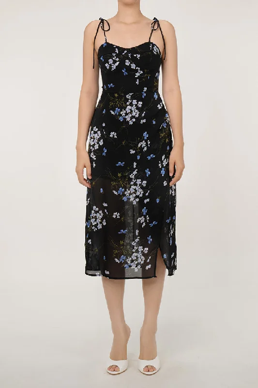 Sexy Tie Strap Sweetheart Smocked Split Summer Floral Slip Midi Sundress Off-the-shoulder Chic Trendy