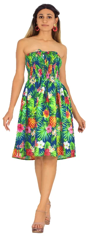 Tropical Hibiscus And Pineapple Printed Short Strapless Dress For Women Boat Neckline Classic Tropical Hibiscus And Pineapple Printed Short Strapless Dress For Women Boat Neckline Classic