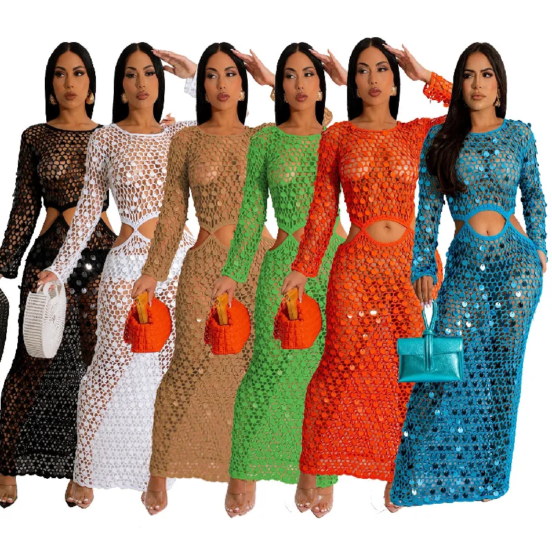 F5024 Handmade Knit Casual Hollow-out Sequin Beach Dress Tunics Office stylish